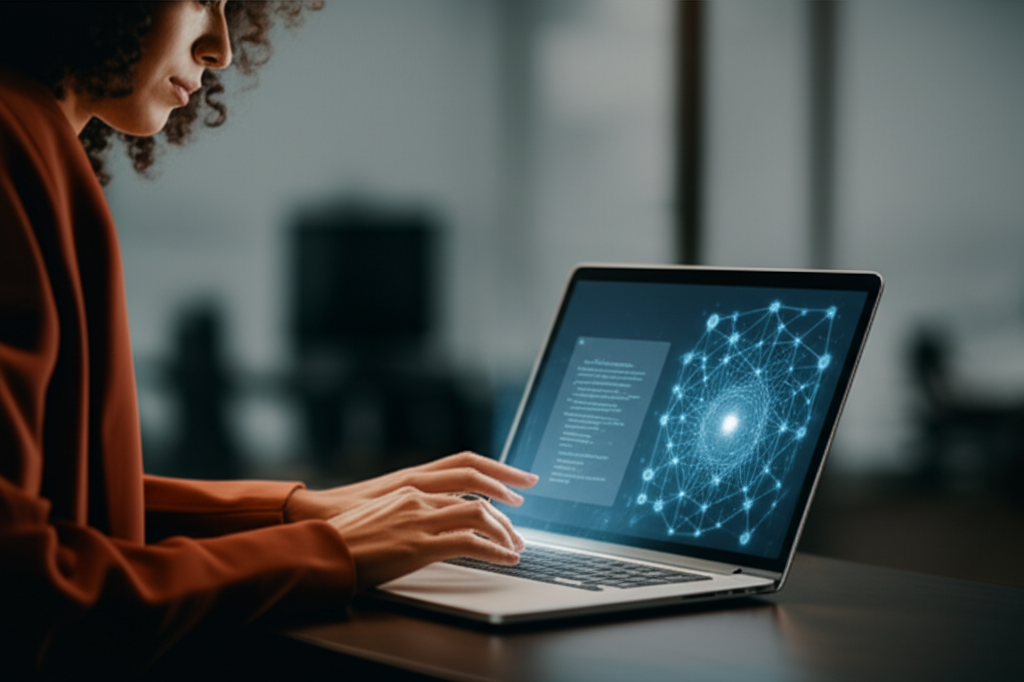 Professional using AI tools at their desk with multiple screens showing AI applications
