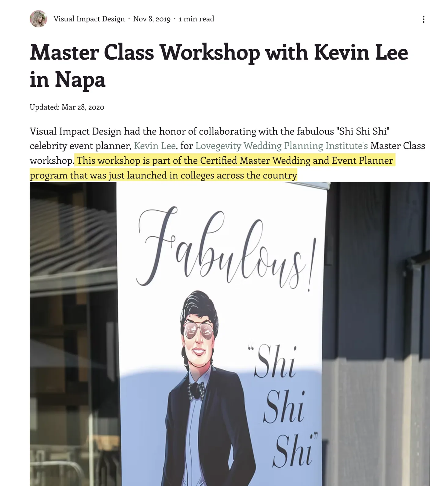 Visual Impact Design article: Master Class Workshop with Kevin Lee, part of a program launched in colleges across the country